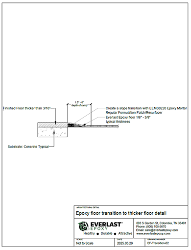 Epoxy floor transition to thicker floor detail